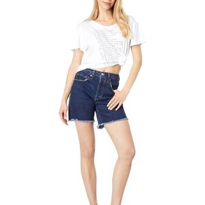 NEW Levi's 501 Dark Wash button High Rise Long mid Thigh Frayed Denim Shorts 26